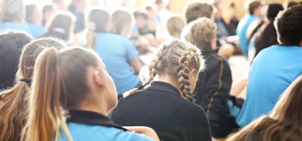 high school teenage students in uniform sitting listening at assembly or presentation. Teaching, learning, teacher, education educational concept. Faces blurred,  not visible or recognisable