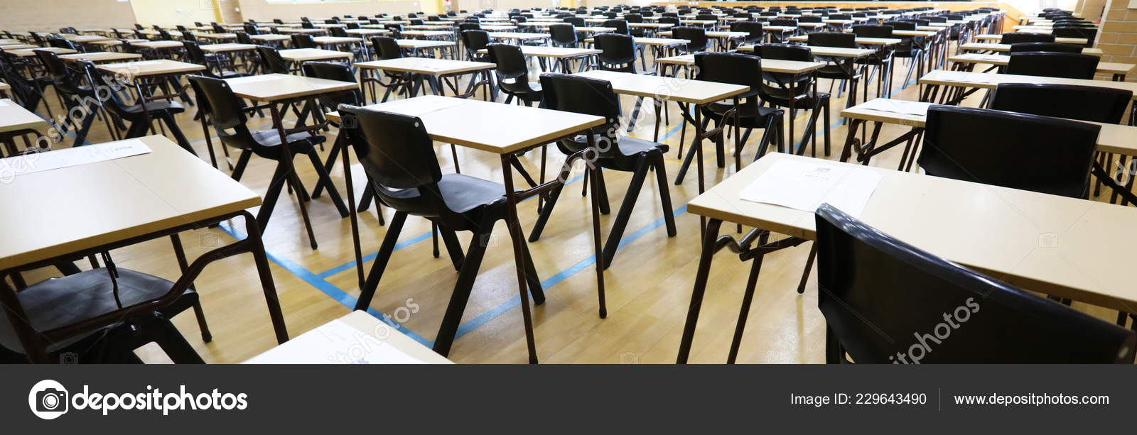 View Large Exam Room Hall Examination Desks Tables Lined Rows