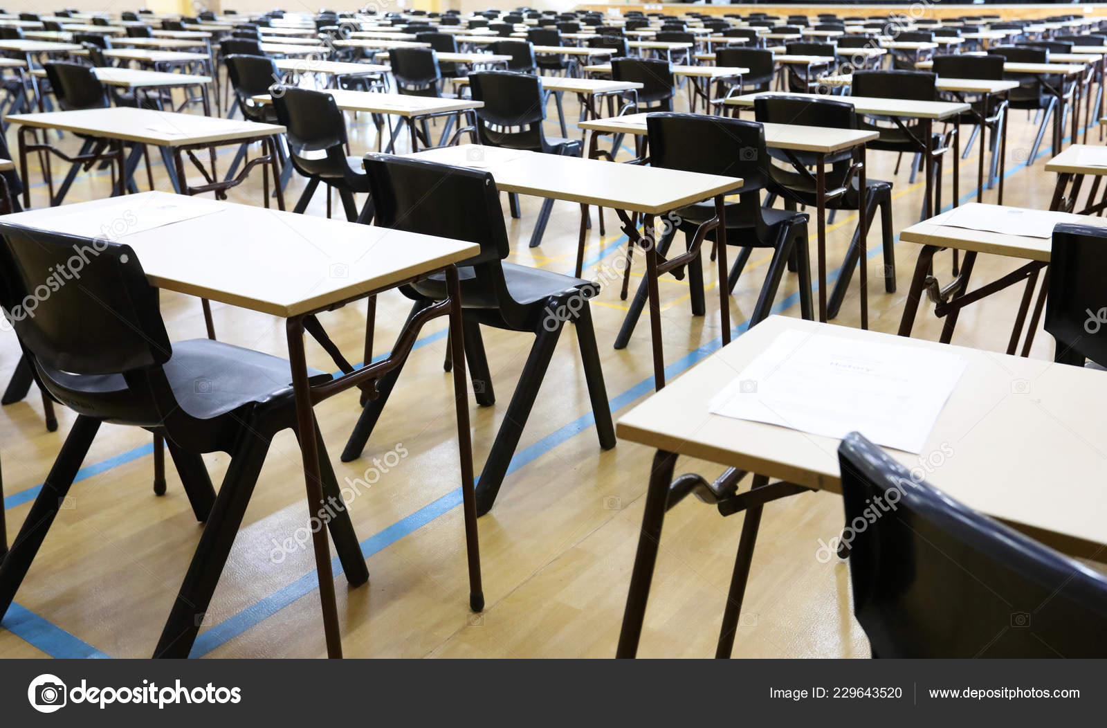 View Large Exam Room Hall Examination Desks Tables Lined