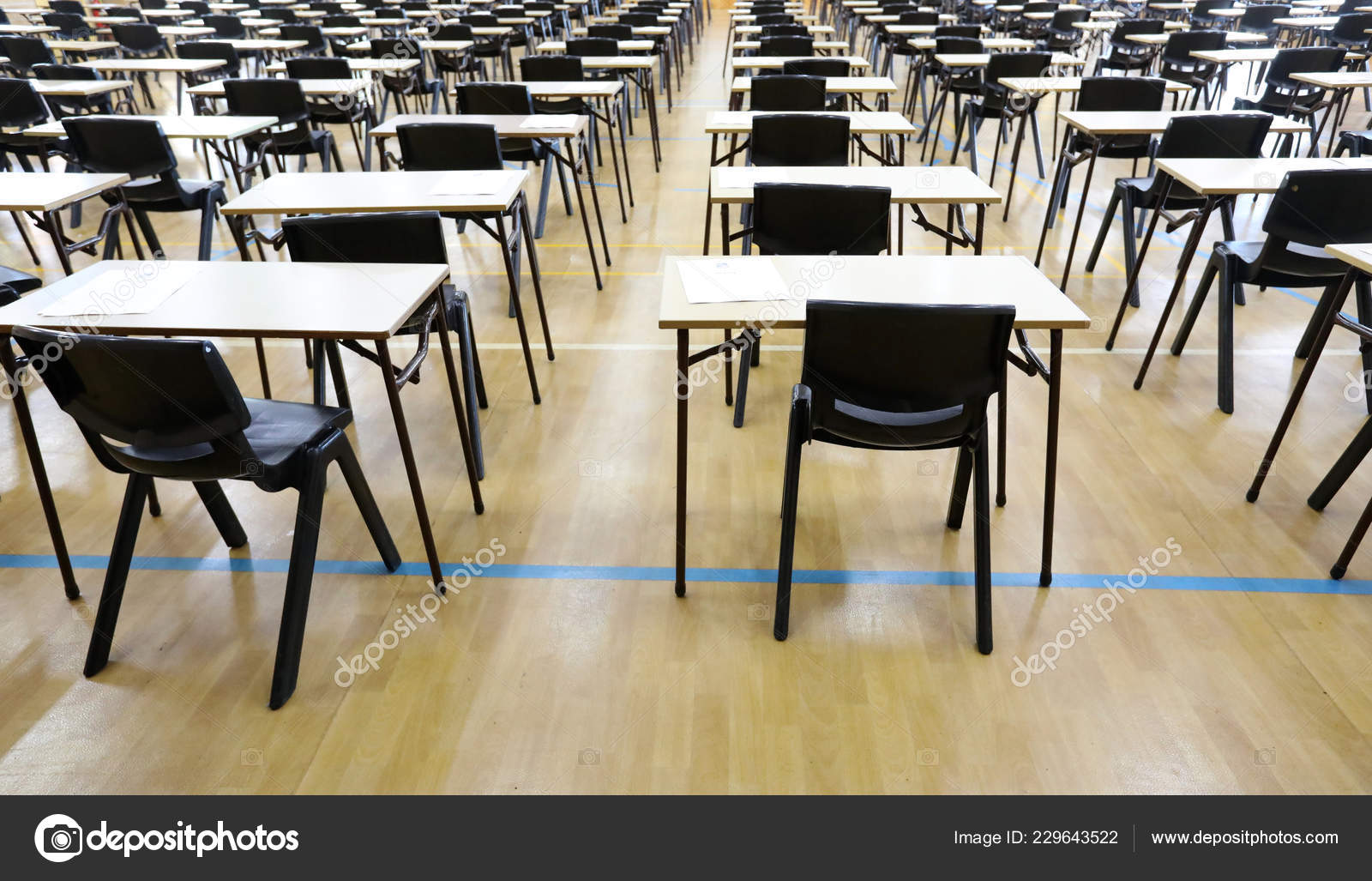 View Large Exam Room Hall Examination Desks Tables Lined Rows