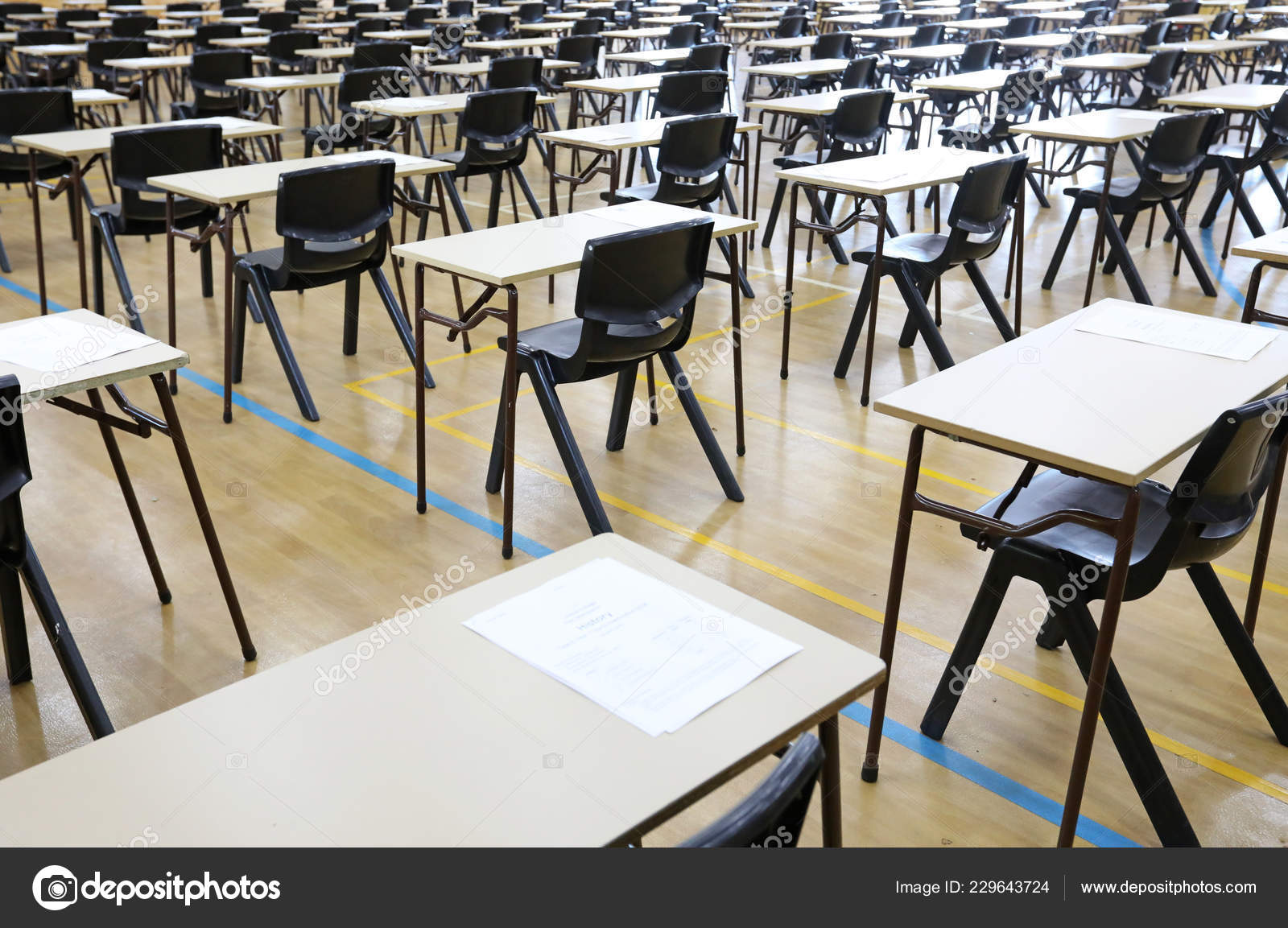 View Large Exam Room Hall Examination Desks Tables Lined Rows