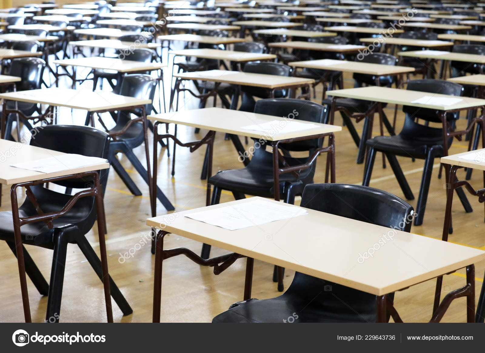 View Large Exam Room Hall Examination Desks Tables Lined Rows