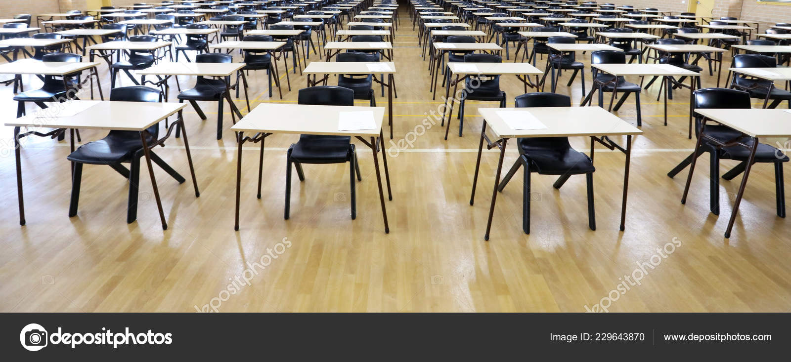 View Large Exam Room Hall Examination Desks Tables Lined Rows