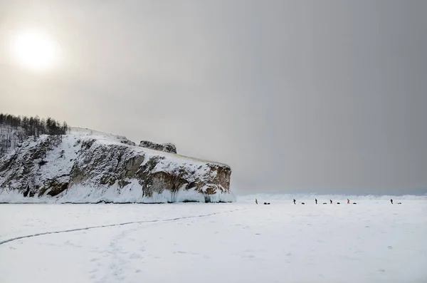Sunset Group Travelers Goes West Coast Olkhon Island Baikal Ice — Stock Photo, Image
