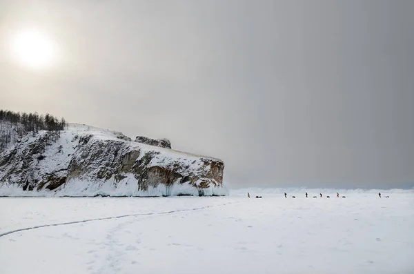 Coucher Soleil Groupe Voyageurs Rend Côte Ouest Île Olkhon Travers — Photo