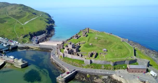 Drone Flying Peel Castle Isle Man Landmark Building Peel Isle — Stock Video