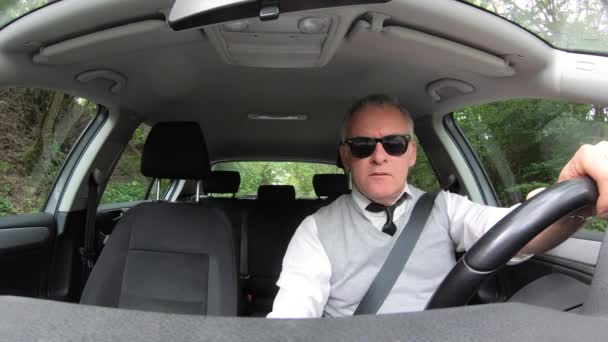 人と旅行ロードトリップで車を運転する白人男性 路上で運転手 自動車エレクトロニクスデバイスのタッチ画面 交通方向のためのGpsナビゲーションシステム — ストック動画