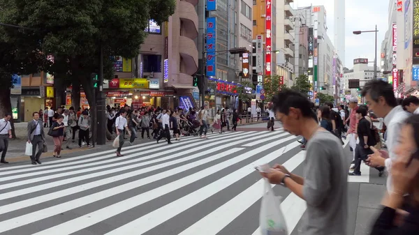 Tokyo / Japonya - Temmuz 2019: Trafik ışıklarında bekleyen Japonlar, trafiğin yoğun olduğu saatlerde yayalar yürüyor ve karşıdan karşıya geçiyor. Tokyo, Japonya, Asya Ikebukuro alanı.