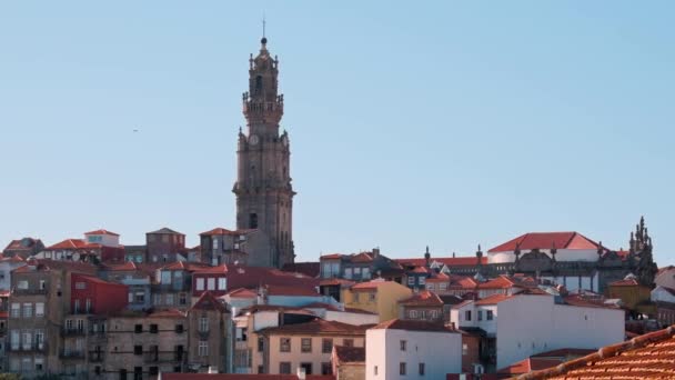 Вид на вежу Клерігоса і дахи в Порто Португалія — стокове відео