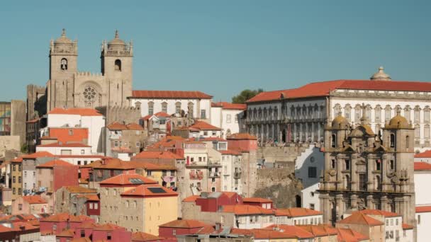 Θέα στον καθεδρικό ναό και τις στέγες του σπιτιού στο Πόρτο της Πορτογαλίας — Αρχείο Βίντεο