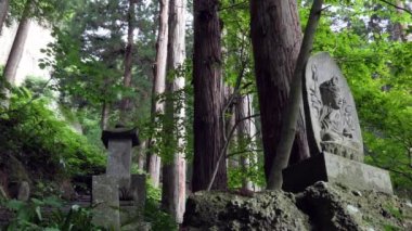 Yamadera tapınağında ormanda Buda Heykeli veya Japonya, Asya'da Yama-dera. Japon dini binası ve Budist mabedi
