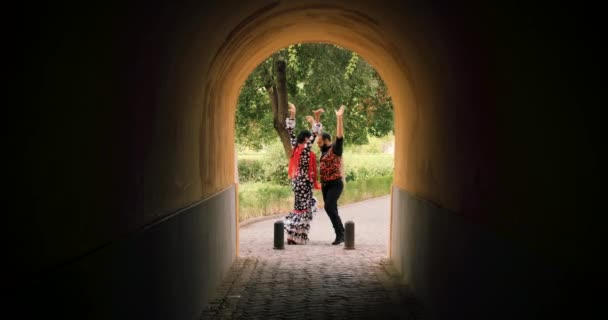 公園でフラメンコを踊る男女 スペインのアンダルシアのスペイン人と伝統舞踊 公園で伝統的なショーを行うダンサー 夫婦と音楽芸術 — ストック動画