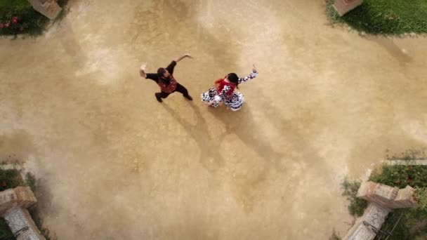 Vista Aérea Drone Homem Mulher Dançando Flamenco Parque Povo Espanhol — Vídeo de Stock