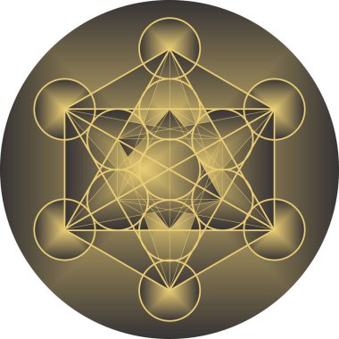 Kutsal Geometri - Altın Metatron Küp deseni, Vektör İllüstrasyon