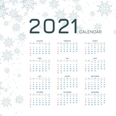 Kar taneleri tasarım vektörlü 2021 yeni yıl takvimi