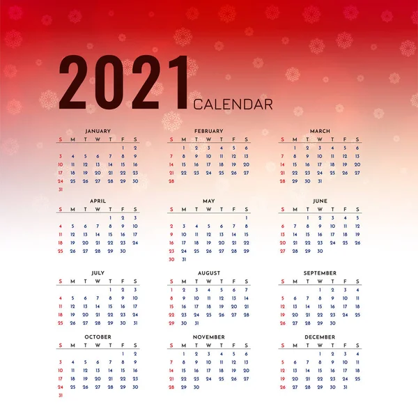 2021 Nieuwjaar Rood Kalender Ontwerp Met Sneeuwvlokken Vector — Stockvector