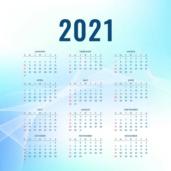 2021 Nový Rok Kalendář Modrý Vlnitý Design Vektor — Stockový vektor