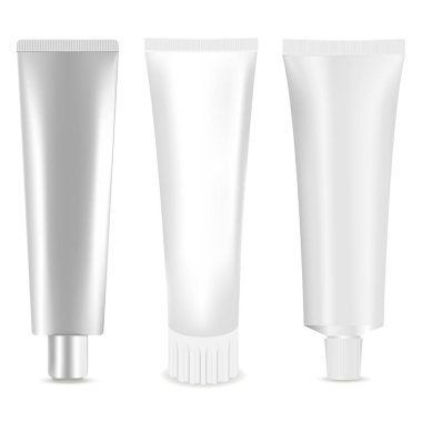 Kozmetik tüp Set. Vektör çizim gerçekçi alay kadar. Kozmetik, krem, diş hamur, yapıştırıcı beyaz plastik kaplar Isolated beyaz arka plan üzerinde.