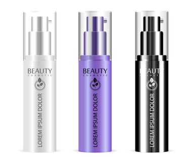 Dağıtıcı şişe mockup kapakları ile farklı renk ayarla. Yüz bakım sprey ambalaj ürün. Gerçekçi vektör çizim.