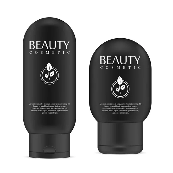 Black Realistic Cosmetic Product Bottles Shampoo Gel Liquid Soap Milk — Stock Vector