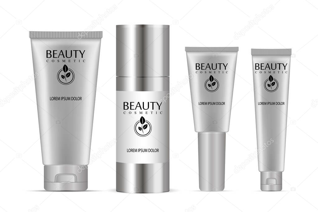 Cosmetic tubes set. Vector illustration of realistic packages of peeling gel, bb cream, ointment, base and other skin kare products. 