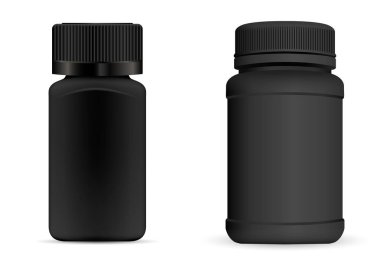 Hap şişeler. Siyah yuvarlak ve kare tıbbi ambalaj uyuşturucu, diyet, beslenme takviyeleri için. Beyaz arka plan üzerinde izole vektör çizim.