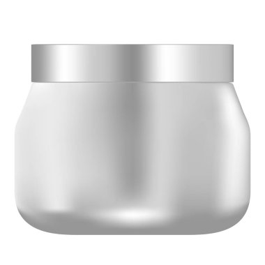 Kozmetik Parfümeri Ürünleri - vücut krem, jel, tereyağı, banyo tuzu, Cilt Bakımı, toz için kapaklı yuvarlak beyaz plastik kavanoz. Gerçekçi ambalaj mockup şablonu. Yan görünümü. Vektör çizim.
