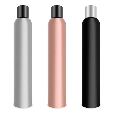 Saç cila Kozmetik şişe ayarlayın. Metal şişe mockup siyah ve gümüş caps.3d gerçekçi vektör çizim ile.  