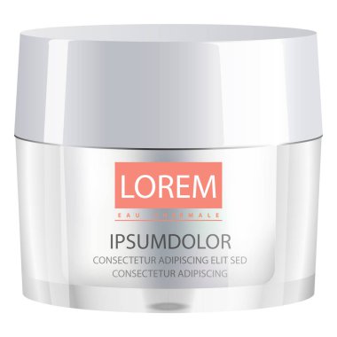 Gerçekçi şeffaf kozmetik kavanoz kapak vektör çizim ile. Cam veya plastik kavanoz için vücut kremi, tereyağı, bodur, banyo tuzu, jel, Cilt Bakımı, toz. 3D tasarım mockup.