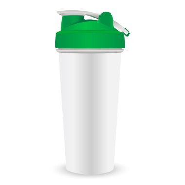 Protein shaker tasarım şablonu. Spor salonu vücut geliştirme için yeşil kapaklı Plastik Spor beslenme Shaker şişe.