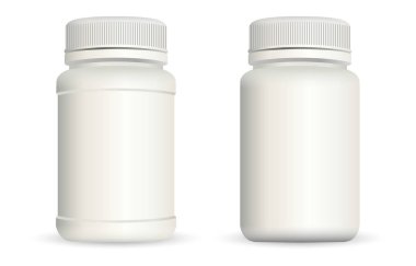 Gerçekçi plastik şişeler ilaç beyaz arka plan üzerinde izole için ayarlayın. İlaç konteyner Ilik Süt Beyaz Şablon. Vektör Eps10 illüstrasyon.