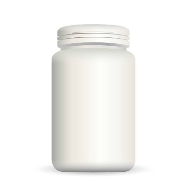 Süt Beyaz plastik şişe ilaç, tablet, hap lar için kap üzerinde snap menteşe itme ile. 3d Vektör illüstrasyon. Gerçekçi ambalaj mockup şablonu.
