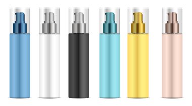 Dispenser pompalı kozmetik plastik şişe. Vektör illüstrasyon. Jel, losyon, krem, şampuan, banyo köpüğü için sıvı konteyner. Güzellik ürün paketi.