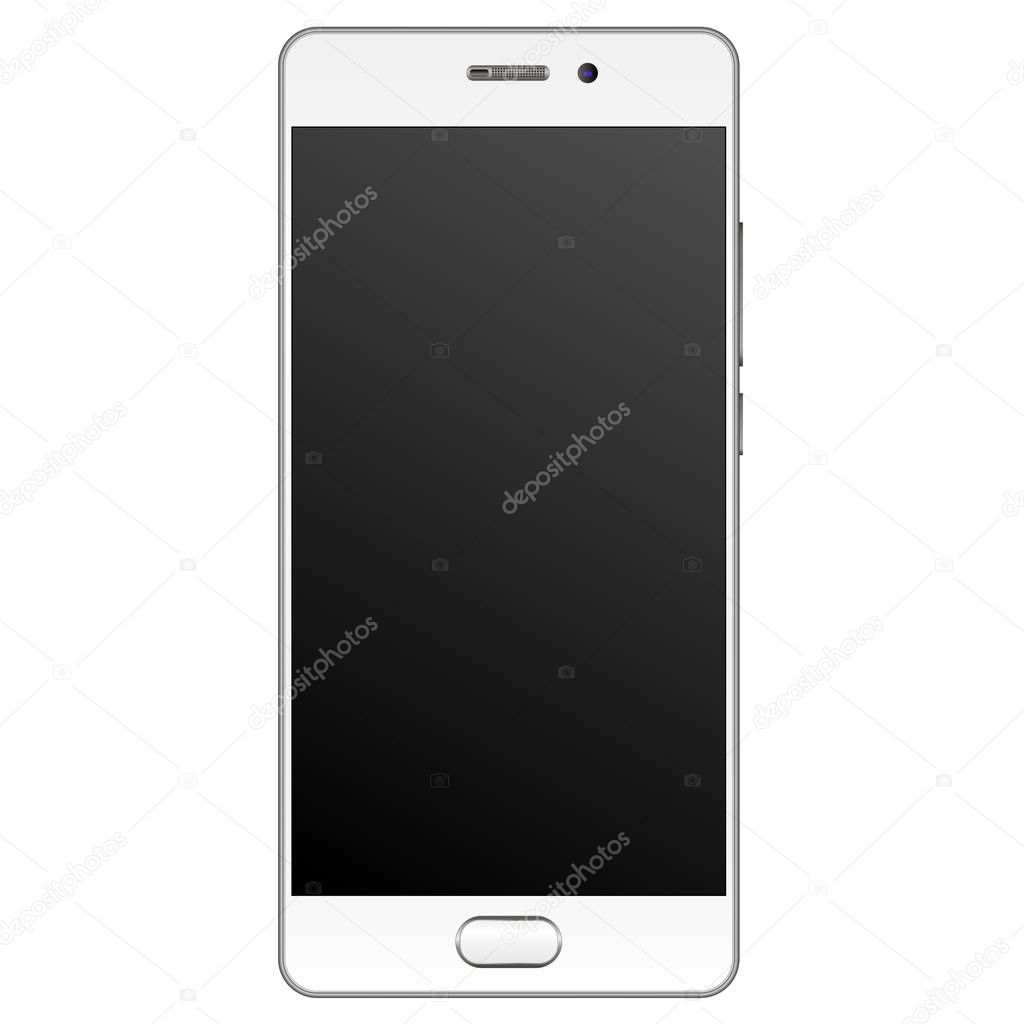 Modern realistic Smartphone mockup with silver edge frame. Cell phone template with empty screen Vector illustration. Mobile device isolated on white background.