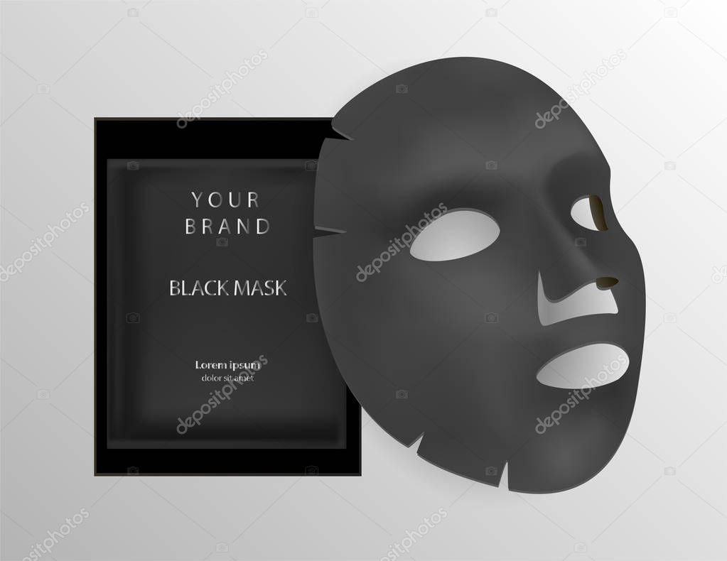 Black facial sheet mask cosmetics. 3d Realistic