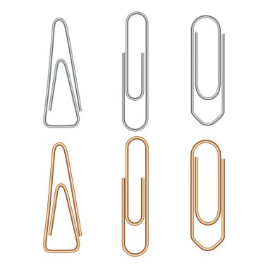 Paper clip. Metal paperclip office attach isolated on white background. Realistic silver and golden binder. Stationery fix tool for page, card. Yellow and chrome staple. Document equipment clipart