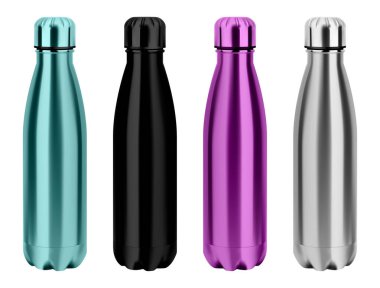 Su termosu şişesi. Yeniden kullanılabilir paslanmaz çelik matara. Gerçekçi parlak gümüş kamp tenekesi. Siyah boş şişe tasarımı. 3d paket şablonu. Terfi için fitness aracı
