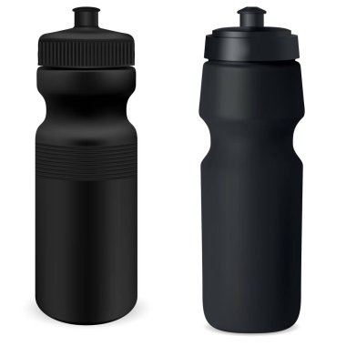 Su şişesi seti. Siyah spor şişesi maketi. Protein boş bir illüstrasyon olabilir. Beslenme tozu kutusu 3D şablonu. Bisiklet geri dönüşüm aracı. Perakende satış paketi tanıtımı. Spor salonu konteynırı