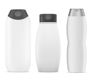 Şampuan şişesi modeli. Beyaz plastik paket. İzole edilmiş gerçekçi 3D kozmetik konteynır şablonu. Duş jeli, sabun, kaplıca ve hijyen için güzellik paketi. Güzellik ürünü oval tasarım tüpü