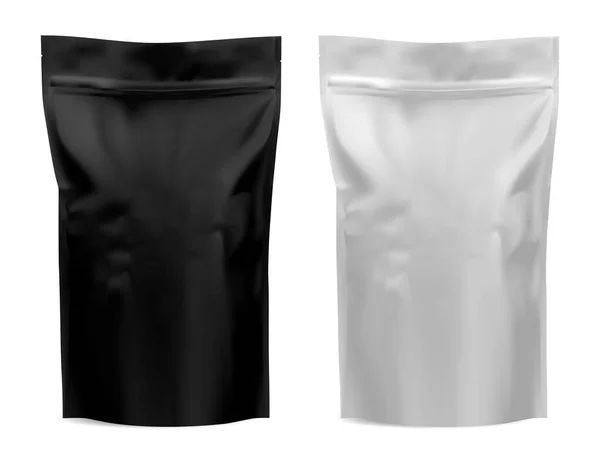 Kahve paketi. Folyo torbası modeli. Un, çay kağıdı torbası, boş tasarım. Siyah ve beyaz gıda ürünleri maket yapıyor. Makarna için gerçekçi plastik 3D şablon. Köpek cipsi, gümüş kese. Çuval boş.