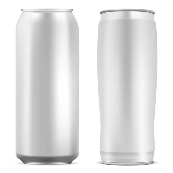 铝可以空白 圆形苏打水模型模板 现实的3D金属啤酒包 冷咖啡能量饮料罐 — 图库矢量图片