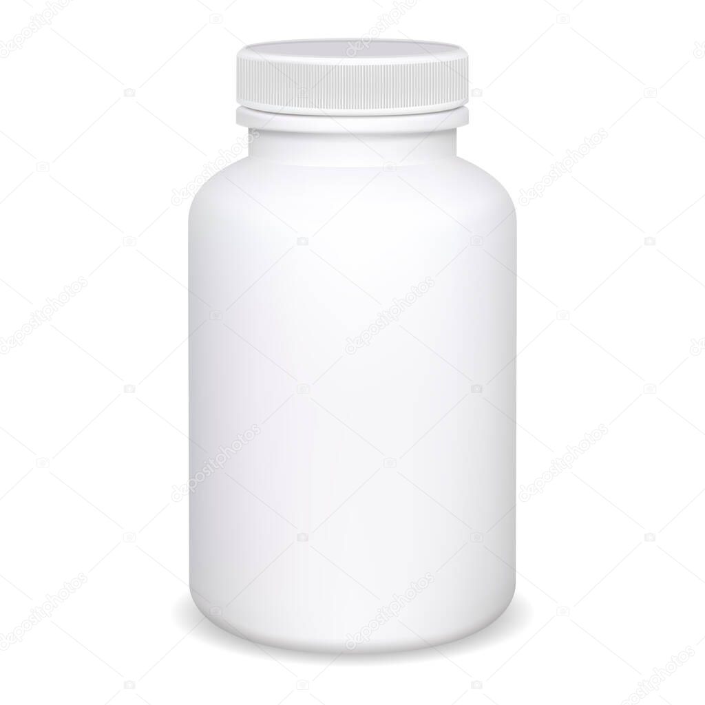 Supplement bottle. Pill container mockup. White medical jar blank isolated template. Vitamin or aspirin capsule box design. Pharmaceutical remedy drug plastic packaging. Health care cure with lid