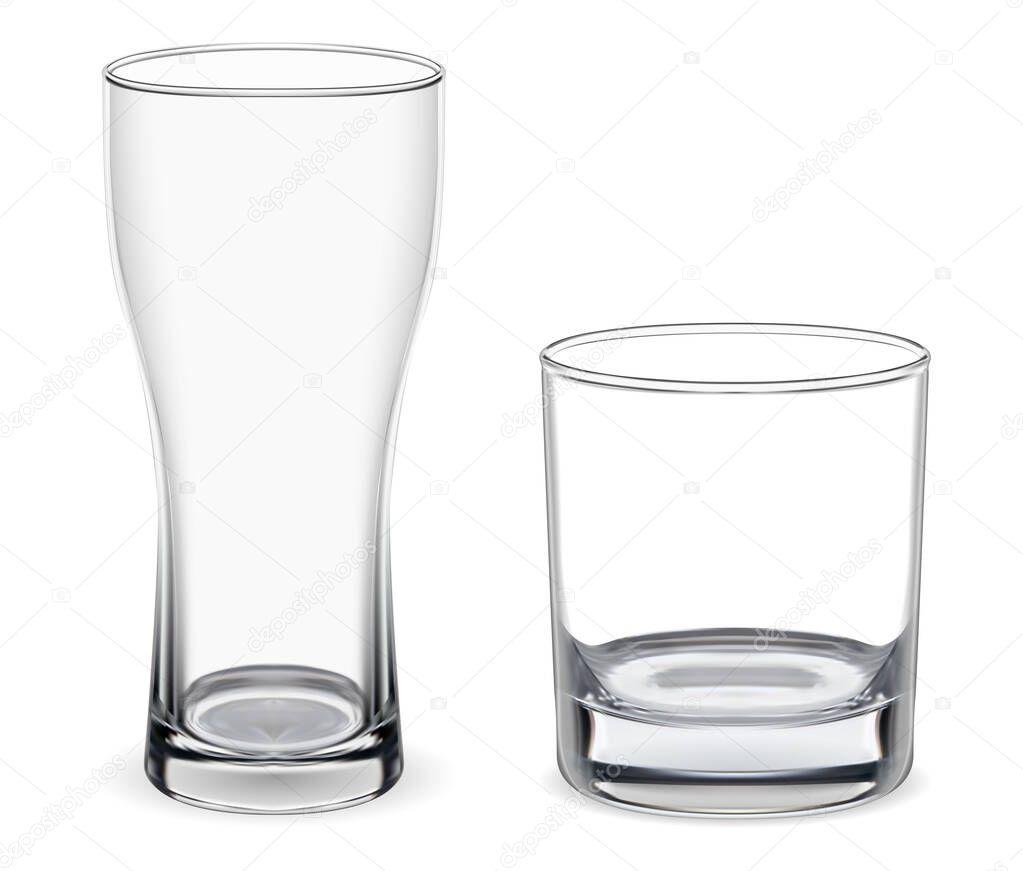 Beer, whiskey glass. Isolated goblet mockup. Realistic 3d alcohol drink glassware for rum, brandy, ale, stout. Fragile cup mock up for pub or restaurant. Tall crystal transparent blank