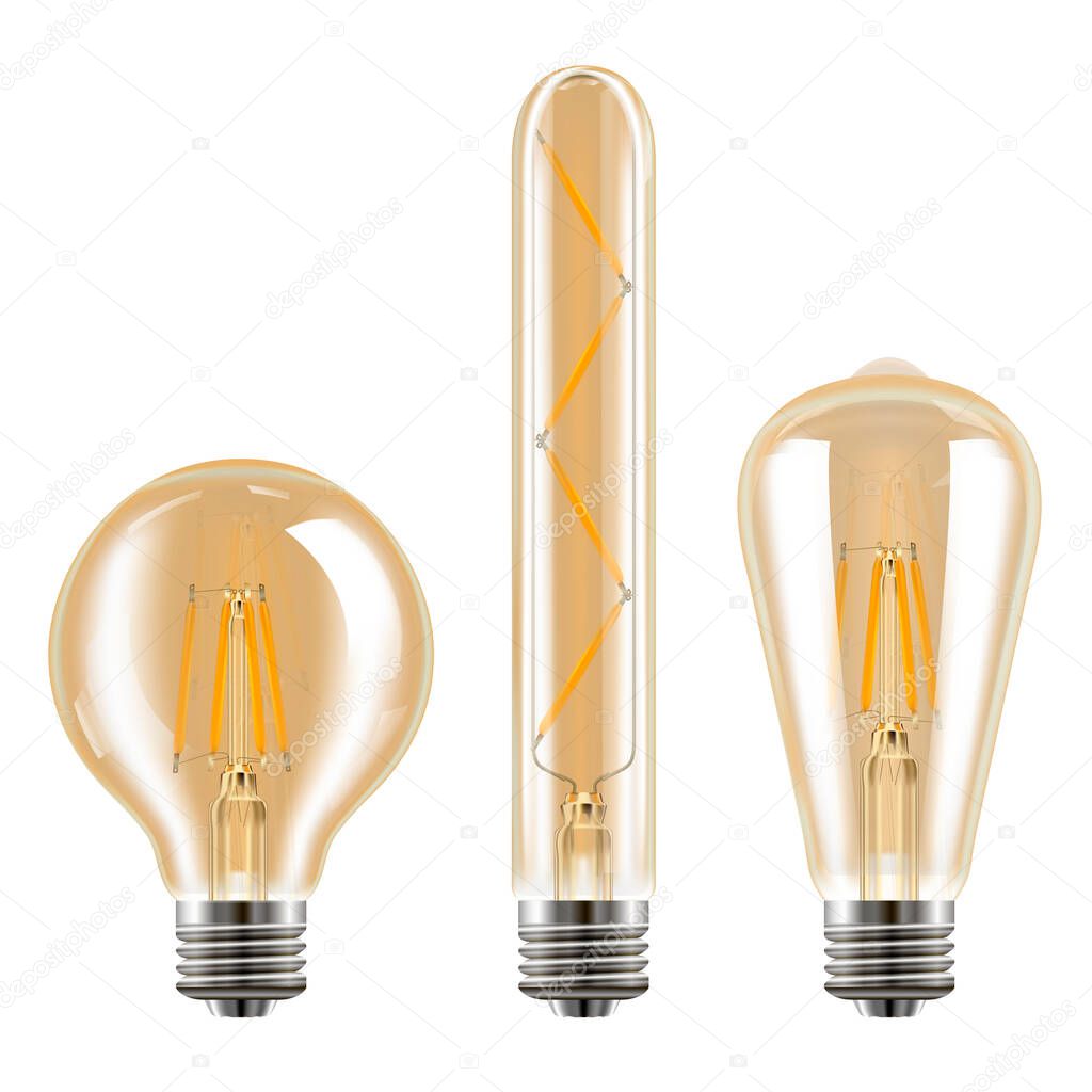 Edison light set. Realistic vector bulb decoration. Transparent vintage lightbulb for loft ceiling. Incandescent interior lamp illustration. Decorative old facion Decorative idea retro concept