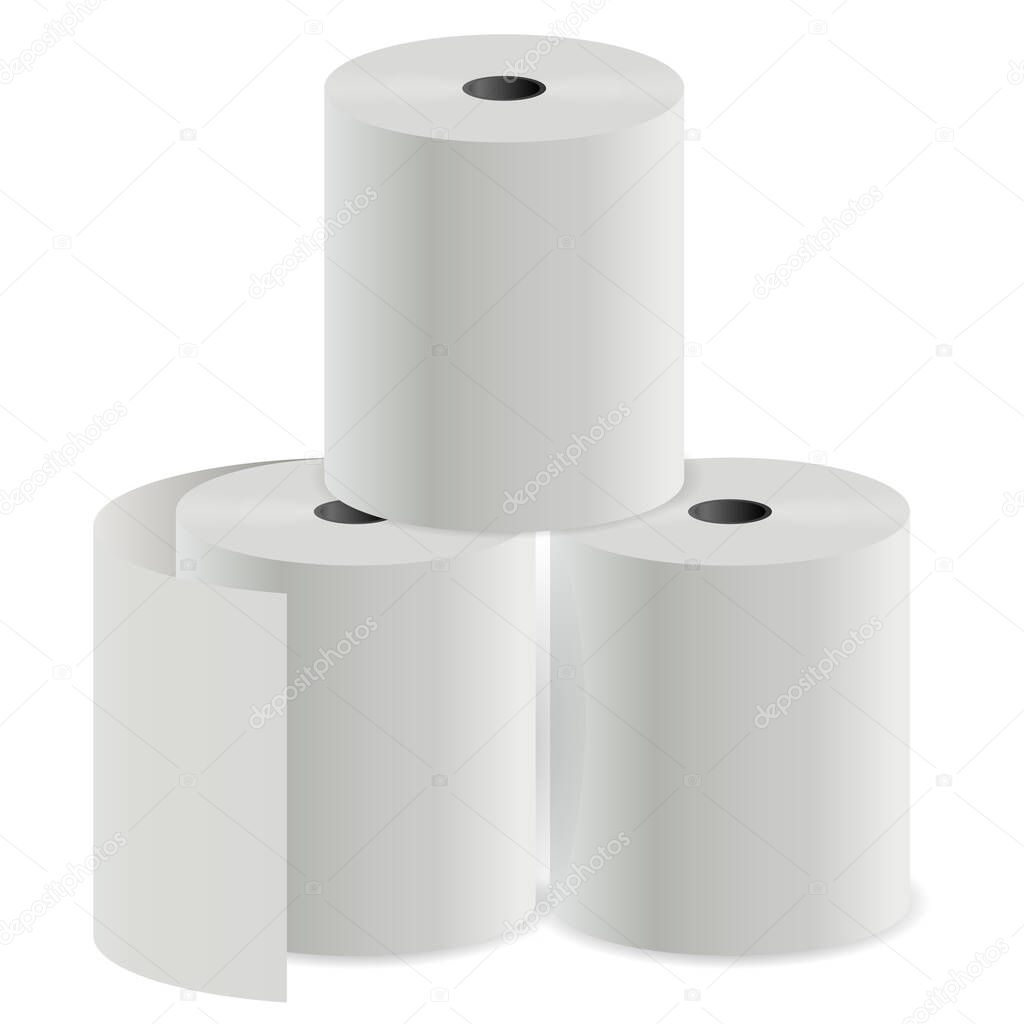 Toilet paper roll. Thermal register print cylinder. Cashier check tube mockup. Kitchen towel for household. White hygienic tissue blank. Supermarket cashier finance cheque. Round tape