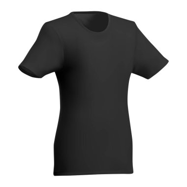 Siyah kadın tişörtü. V yakalı kadın spor günlük kısa kollu giysi modeli. Üniforma 3D tasarımı beyaz arkaplanda izole edildi. Gerçekçi tekstil giysileri modeli çizimi. Bayan pamuklu tişört.