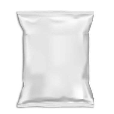 Atıştırmalık yastık kesesi maketi. Beyaz yemek paketi boş. Folil sachet vektör şablonu arka planda izole edildi. Plastik politen kapalı 3D konteynır reklam için hazır. Patates cipsi paketi