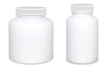 İlave hap şişesi maket koleksiyonu. Vitamin, aspirin, beyaz plastik kutu tasarımı, arka planda izole edilmiş. Eczane kapsülü kavanozu 3 boyutlu boş şablon. Gerçekçi hap kutusu seti. İlaçlar