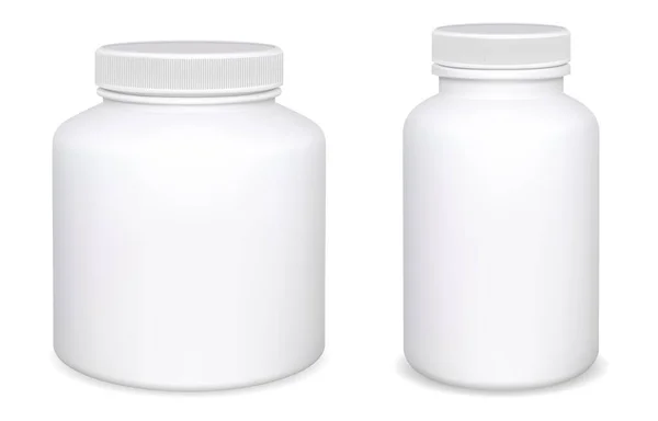 İlave hap şişesi maket koleksiyonu. Vitamin, aspirin, beyaz plastik kutu tasarımı, arka planda izole edilmiş. Eczane kapsülü kavanozu 3 boyutlu boş şablon. Gerçekçi hap kutusu seti. İlaçlar