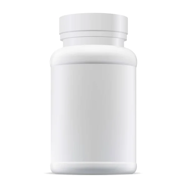 药丸瓶的模型 塑料补充剂包装空白 处方药包装说明 在白色背景下隔离的医疗片或胶囊容器 医药包 — 图库矢量图片